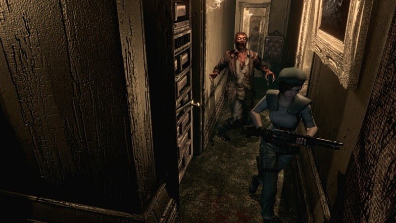 Jill sendo perseguida por um Crimson Zombie no remake de Resident Evil