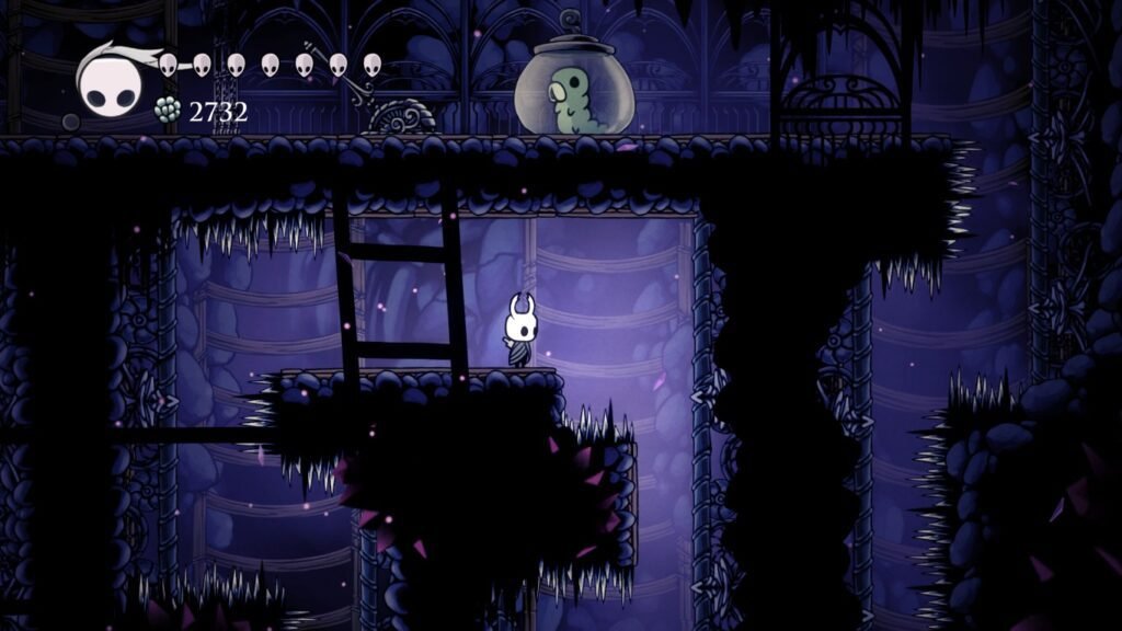 Um dos vários desafios de plataforma de Hollow Knight