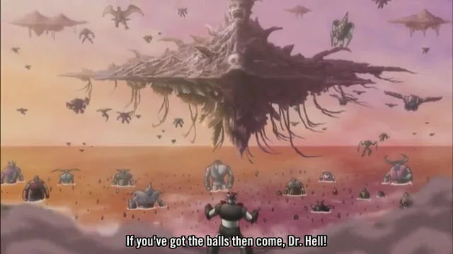 Cena do primeiro episódio mostrando o protagonista em frente ao exército de Dr. Hell