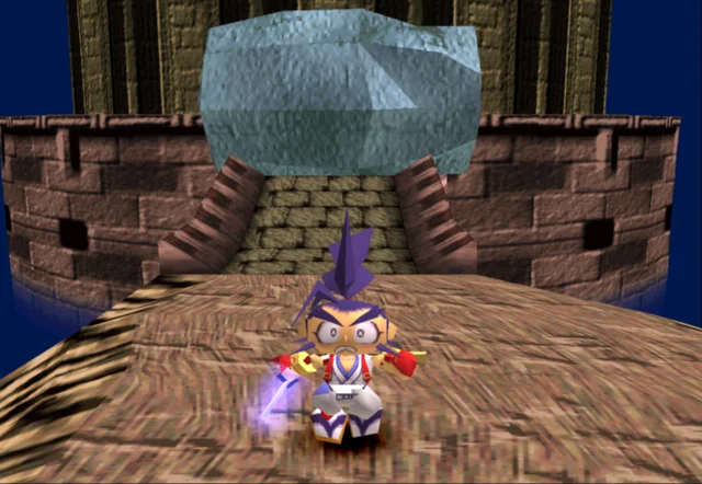 Musashi correndo da cabeça gigante de uma estátua no primeiro mapa do jogo