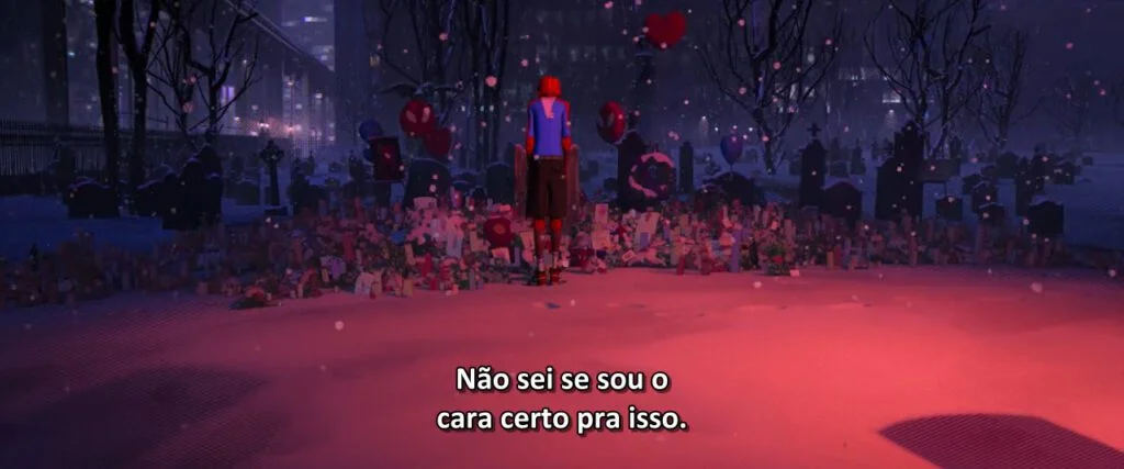 Miles Morales em frente a lápide de Peter Parker
