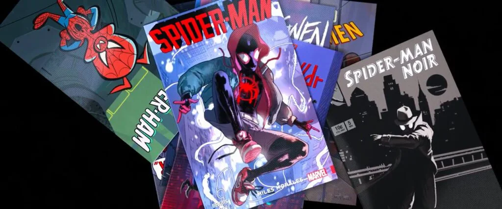 Revistas representando várias versões do Homem-Aranha