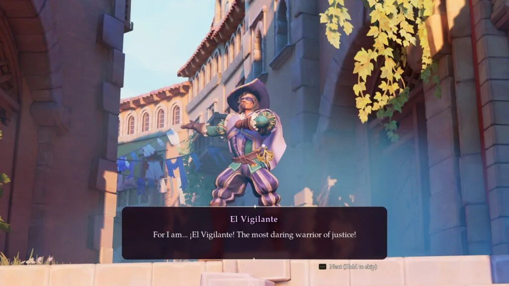 El Vigilante, um dos personagem mais descaradamente exagerados de En Garde! que grita elementos de swashbuckler