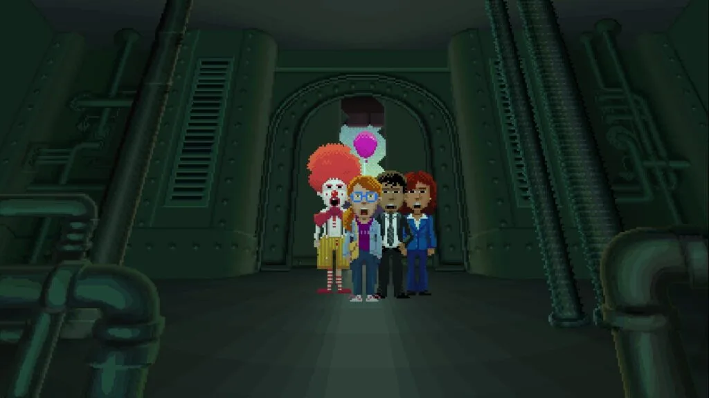 Cutscene de Thimbleed Park quando os personagens finalmente entram na fábria