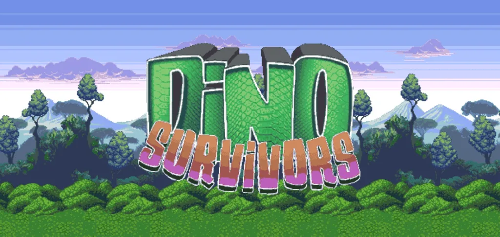 Imagem contendo o título de Dino Survivors, roguelike evidentemente inspirado em Vampire Survivors