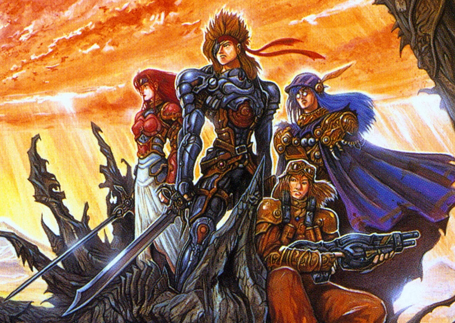 Imagem da capa original de Treasure of the Rudras onde podemos ver os quatro protagonistas: Sion, Surlent, Riza e Dune