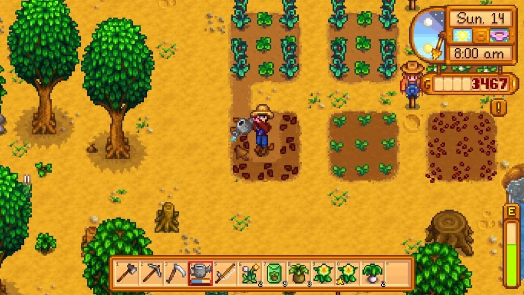 Protagonista regando algumas plantações em Stardew Valley