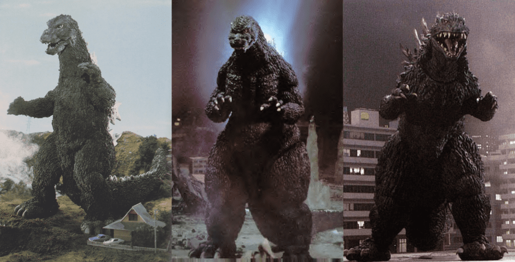 Versões do Godzilla de três diferentes eras: Showa, Heisei e Millennium