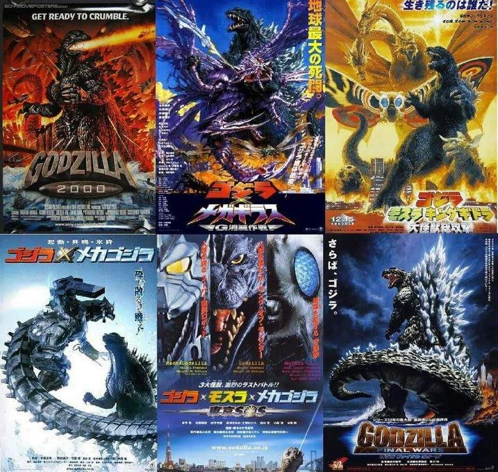 Pôsteres dos filmes do Godzilla da Era Millennium:Godzilla 2000: Millenium (1999), com direção de Takao Ōkawara;Godzilla vs. Megaguirus (2000), Godzilla Against Mechagodzilla (2002) & Godzilla: Tokyo S.O.S (2003), todos os três dirigidos por Masaaki Tezuka;Godzilla, Mothra and King Ghidorah: Giant Monsters All-Out Attack (2001), com direção de Shūsuke Kaneko e que aqui vou me referir pela sigla GMK;Godzilla: Final Wars (2004), o último filme desse período e dirigido por Ryuhei Kitamura.