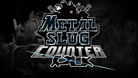 Tela inicial do fan game Metal Slug Counter, com o nome do jogo no centro da tela e a silhueta dos três personagens principais logo abaixo