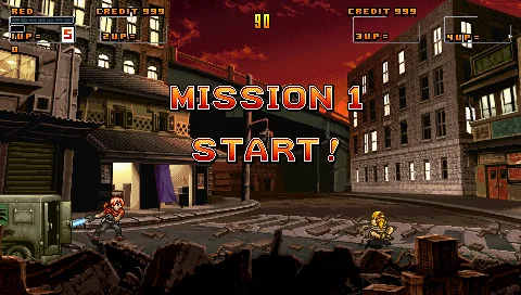 Primeira missão de Metal Slug Counter. Uma cidade arrasada pela guerra com o letreiro "Mission Start!" piscando no meio da tela