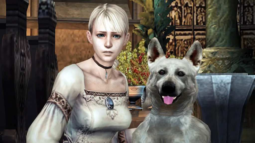 Dois personagens do jogo Haunting Ground olham para a câmera. Na esquerda está Fiona Belli, uma jovem loira de 18 anos vestindo roupas meio aristocráticas, e ao seu lado está Hewie, um cão pastor-branco-suíço, que a ajuda no jogo