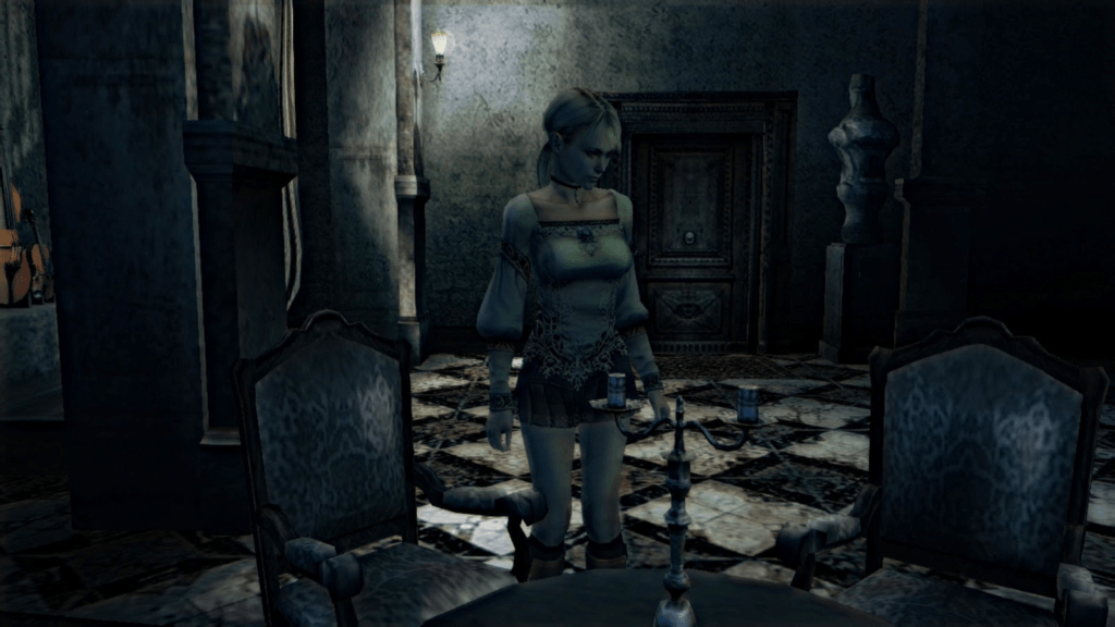 Fiona, protagonista do jogo Haunting Ground, no meio de um salão com próxima a uma mesa e duas cadeiras