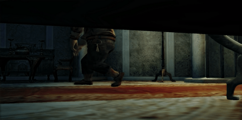 Fiona observa um dos seus perseguidores escondida embaixo da cama em Haunting Ground
