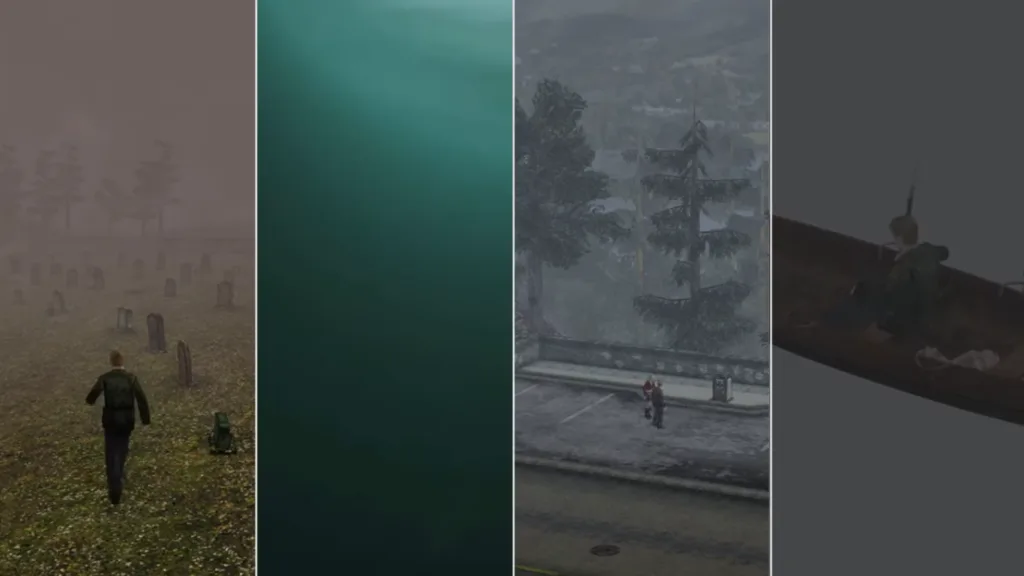 Quatro imagens que representam alguns dos finais possíveis em Silent Hill 2. Da esquerda para direita: Leave, In Water, Maria e Rebirth