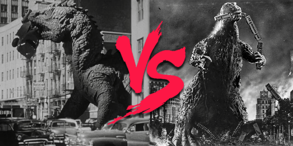 Na imagem há dois monstros gigantes do cinema. Na esquerda se encontra o Rhedosaurus, um monstro pré-histórico do filme O Monstro do Mar de 1951. Na direita está Godzilla, o icônico kaiju do filme homônimo de 1954. Entre os dois está as letras de "versus" em vermelho