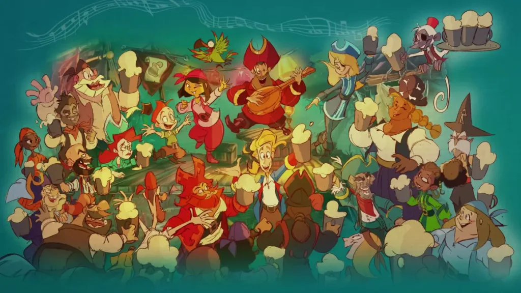 Imagem dos créditos finais de The Booze of Monkey Island, fan game inspirado nos jogos de aventura point and click de Monkey Island. Na imagem você tem vários personagens com vestimentas de piratas, alegres, bebendo, cantando e festejando. No centro da imagem está Guybrush Threepwood, o protagonista de todos os jogos, olhando para frente e erguendo um copo de bebida como se agradecesse o jogador por ter jogado o fan game