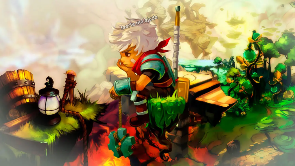 Arte do protagonista do jogo Bastion, sentado num bloco de terror olhando o horizonte com uma expressão estoica. A terra flutua no ar e ele segura uma engrenagem presa numa corda, além de carregar um martelo gigante nas costas. A imagem foi editada e o letreiro "Laerte me ajuda" paira sobre a cabeça do personagem