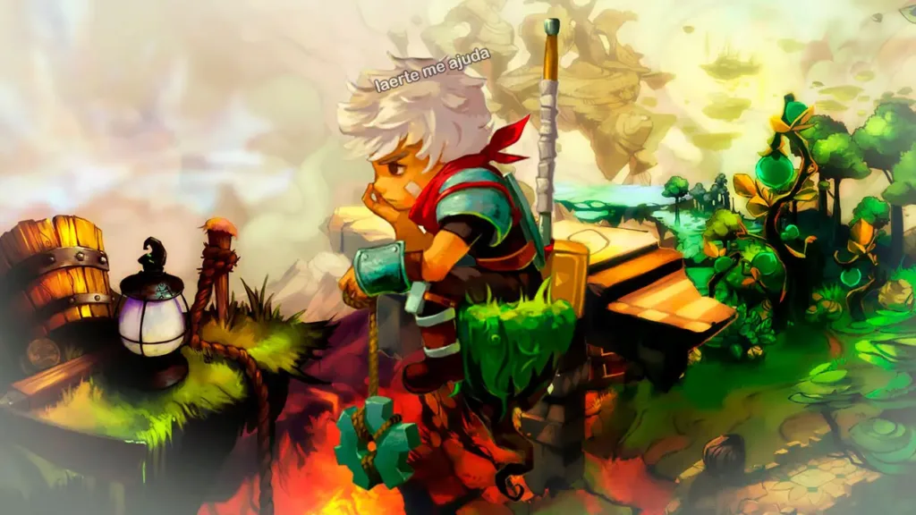 Arte do protagonista do jogo Bastion, sentado num bloco de terror olhando o horizonte com uma expressão estoica. A terra flutua no ar e ele segura uma engrenagem presa numa corda, além de carregar um martelo gigante nas costas. A imagem foi editada e o letreiro "Laerte me ajuda" paira sobre a cabeça do personagem