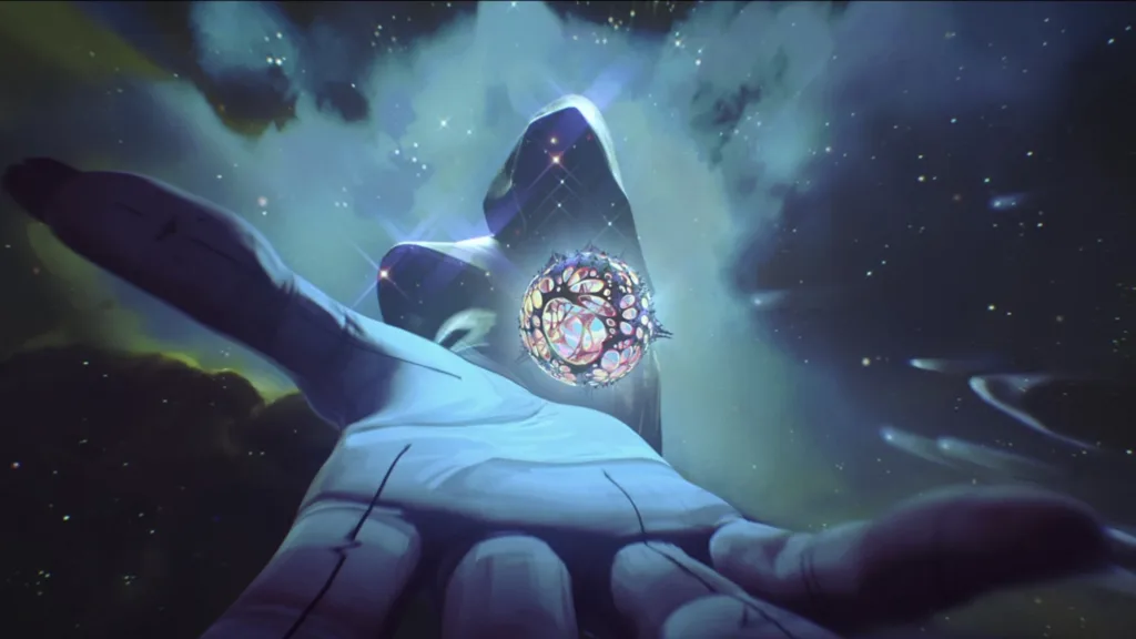 Arcane (2024). Na imagem um ser cósmico segura na palma de sua mão uma anomalia no formato de uma esfera que pulsa como um organismo vivo
