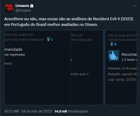 linoano1 Usuário no Twitter mostrando reviews da Steam