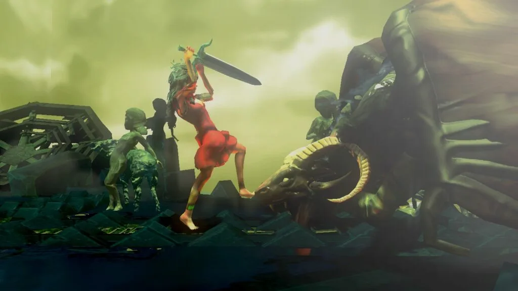 A imagem mostra uma cutscene do jogo brasileiro Toren. A protagonista, uma jovem indígena com um vestido vermelho, ergue uma espada sobre sua cabeça e se prepara para dar o golpe final num dragão preto desmaiado a sua frente
