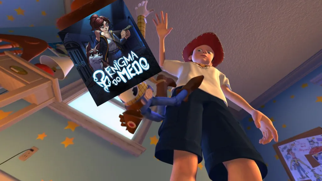 A imagem é uma montagem com uma cena do filme Toy Story em que Andy joga seu boneco cowboy, Woody, no chão, e diz "Eu não quero brincar com você mais". Porém em vez do Woody, na imagem se encontra a capa do jogo Enigma do Medo do streamer brasileiro Cellbit. A capa mostra a protagonista Mia, uma jovem ruiva vestindo uma jaqueta preta, e seu fiel cachorro protetor Lupi ao seu lado