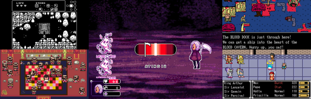 Na imagem estão os 5 jogos de RPG Maker que fizeram parte da Jogospectiva 2024. Na esquerda estão 1-bit Explorer e LISA: The First, na direita Space Funeral e Monster World RPG e no centro Grimm's Hollow