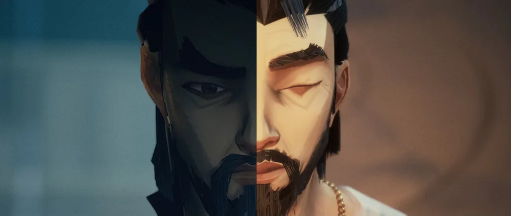 A imagem é uma colagem de duas fotos diferentes do protagonista de Sifu formando um único rosto. Na metade esquerda ele tem uma expressão mais sombria, frustrada, enquanto na metade direita seu rosto está iluminado e ele parece feliz