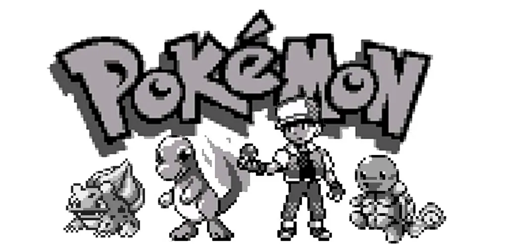 Na imagem está Red, Bulbasaur, Charmander, Squirtle, personagens da franquia de Pokémon. Os três estão em frente há um enorme título de Pokémon. Os sprites dos personagens são do jogo Pokémon Red & Blue