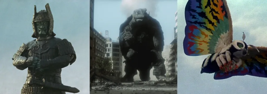 A imagem reúne três personagens conhecidos dos filmes de kaiju. Da esquerda para direita: Daimajin, um guerreiro samurai gigante, Gamera, uma tartaruga giante que cospe fogo e Mothra, uma mariposa gigante