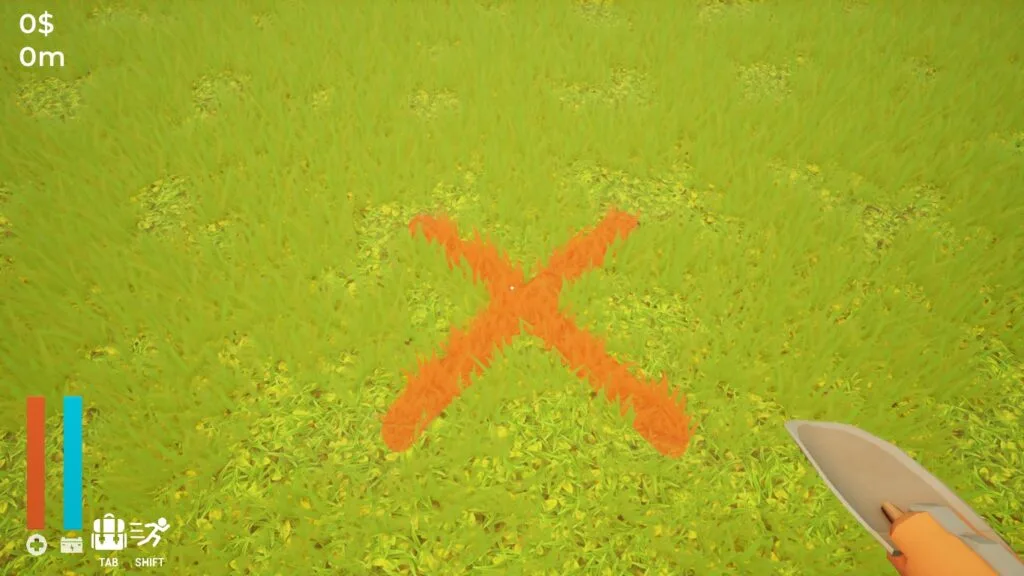 Imagem do jogo A Game About Digging A Hole onde o jogador deve escavar o quintal de uma casa para encontrar um tesouro. Na imagem o personagem olha para um gramado segurando uma pequena pá e tem um X marcado em vermelho no chão