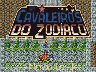 Imagem do fangame Cavaleiros do Zodíaco: As Novas Lendas. Na parte de cima encontra a logo de Os Cavaleiros do Zodíaco e embaixo um letreiro de As Novas Lendas. No fundo temos Saori encarando os quatro protagonistas no meio do caminho para o Santuário
