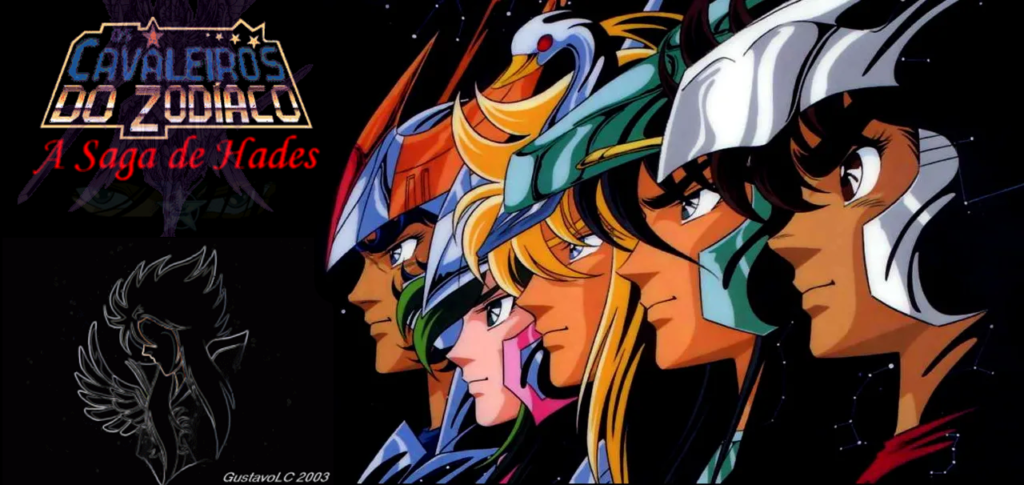 A imagem é uma edição de uma capa que mostra os bustos laterais dos cinco cavaleiros de Bronze (Seiya, Shiryu, Hyoga, Shun e Ikki) de Cavaleiros do Zodíaco à esquerda. Na direita, há uma silhueta de Seiya e abaixo a logo de Cavaleiros do Zodíaco  com o letreiro de A Saga de Hades abaixo