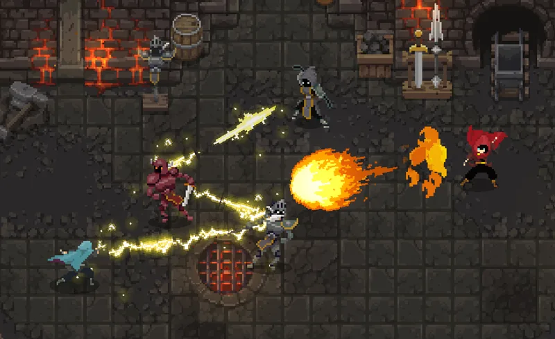A imagem mostra uma batalha do roguelike Wizard of Legend. Dois magos atacam soldados reanimados com magias de fogo e raio