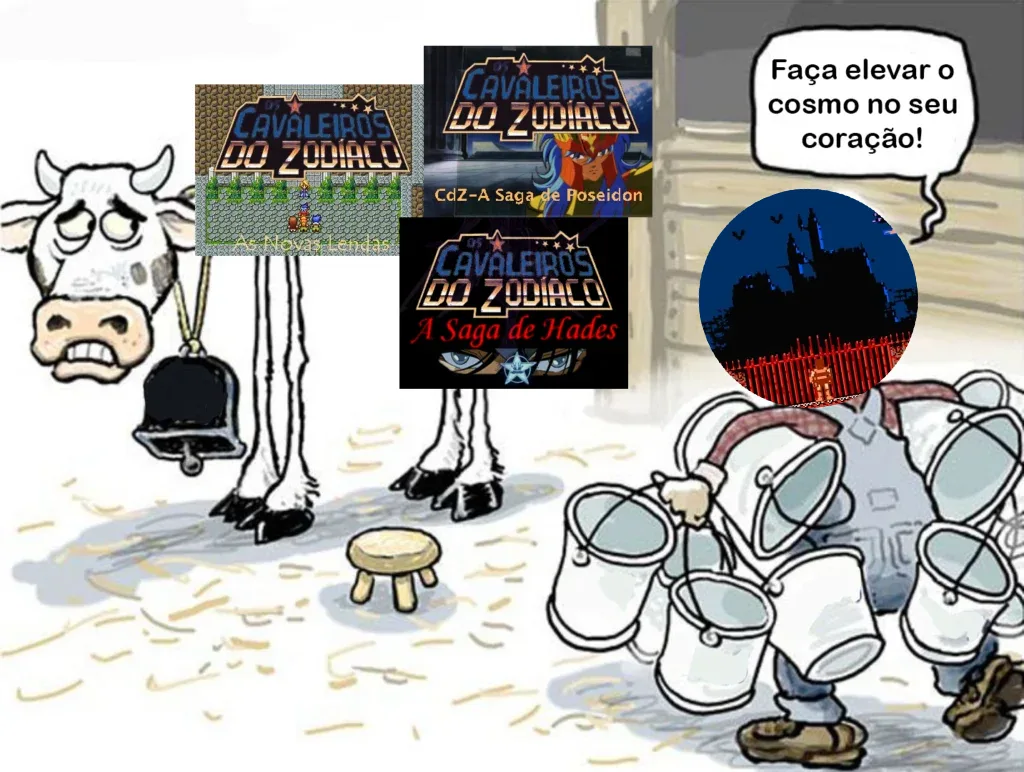 A imagem é uma versão editada de uma vaca sendo ordenhada até a última gota. No corpo da vaca foram colocadas 3 telas de títulos dos fangames de Os Cavaleiros de Zodíaco que foram feitos no RPG Maker pelo Gustavo LC: As Novas Lendas, Poseidon e A Saga de Hades