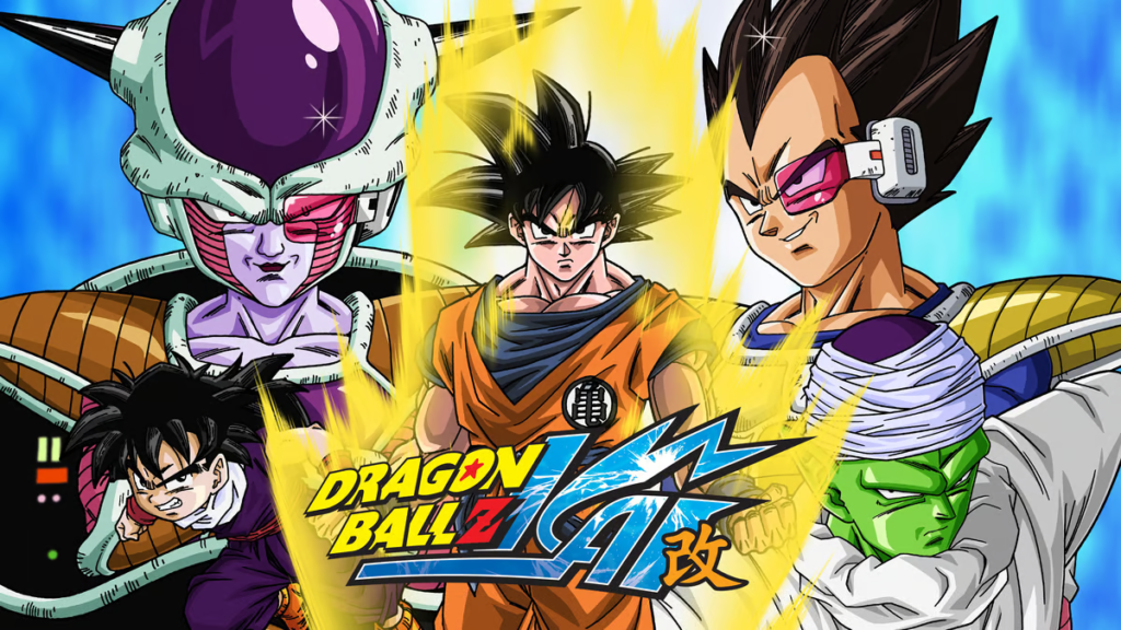 Capa do animê Dragon Ball Z Kai mostrando os personagens Freeza, Vegeta, Gohan, Piccolo e Goku