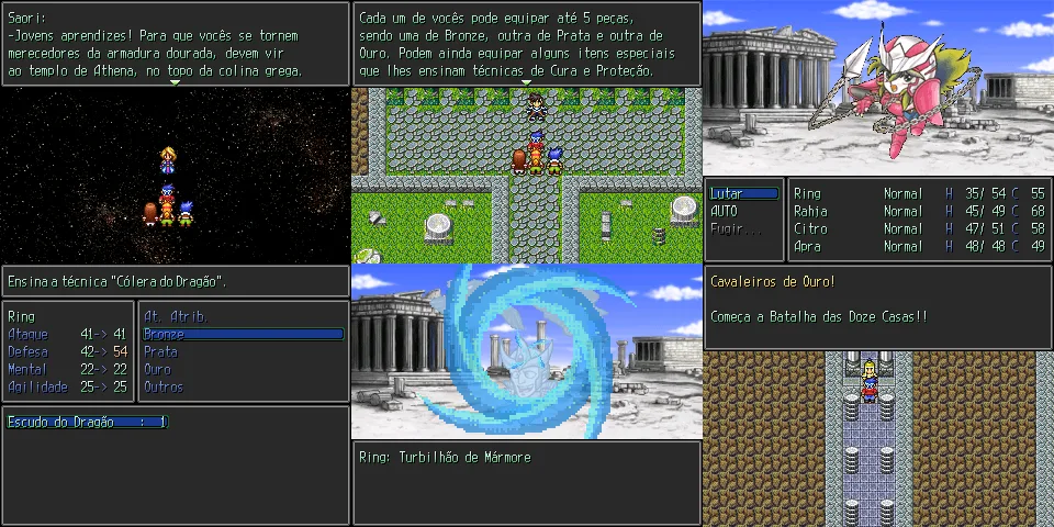 Imagens mostrando trechos da gameplay do fangame de Cavaleiros do Zodíaco: As Novas Lendas