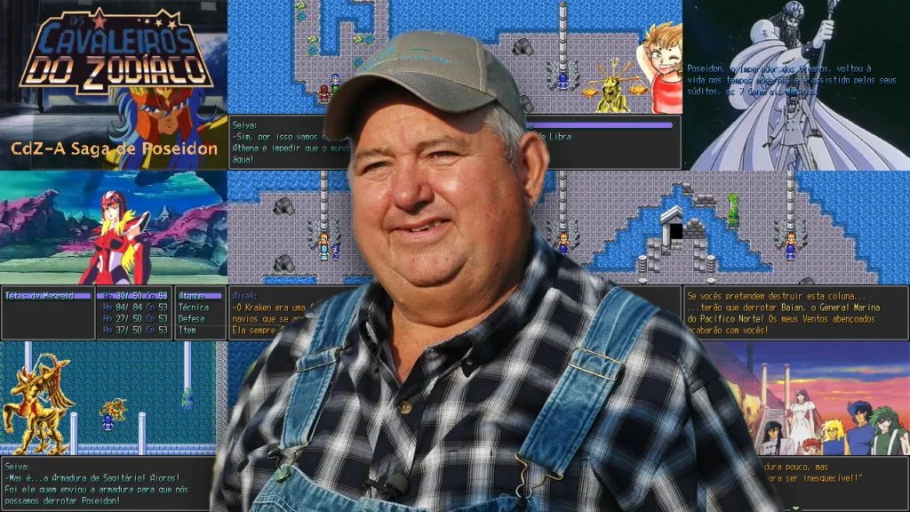 Fazendeiro do meme gringo "Não é muito, mas é trabalho honesto", porém o fundo foi editado e em vez de uma plantação tem uma coletânea de imagens do fangame de RPG Maker Cavaleiros do Zodíaco: Poseidon, do GutavoLC