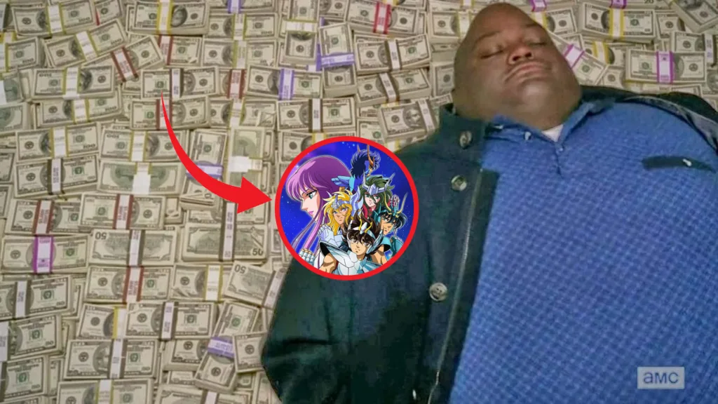 A imagem mostra um dos personagens de Breaking Bad, Huell, deitado numa pilha de dinheiro. A imagem foi editada e uma seta vermelha aponta para um circo vermelho mostrando os personagem de Os Cavaleiros do Zodíaco