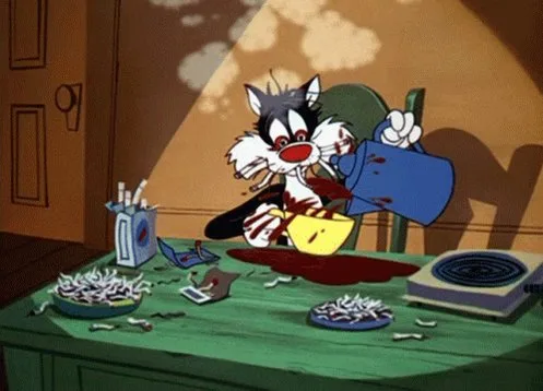 Imagem do gato Frajola colocando café numa xícara enquanto fuma vários cigarros de uma vez com uma expressão de nervosismo e ansiedade. Ultimamente eu estou desse jeito e infelizmente eu não tenho escolha