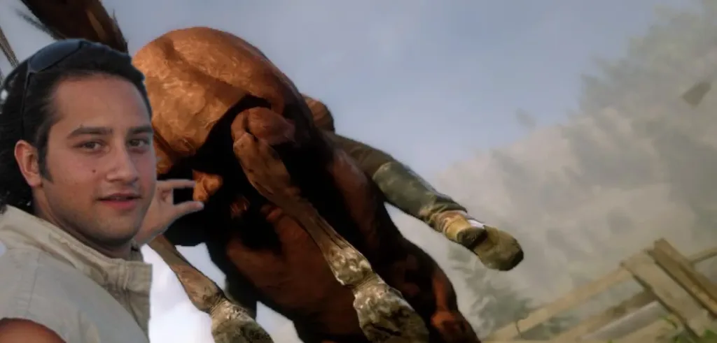 Uma imagem mostrando os testículos dos cavalos de Red Dead Redemption 2. A foto foi editada mostrando um rapaz fazendo um gesto de pinça com os dedos bem na frente dos testículos do cavalo