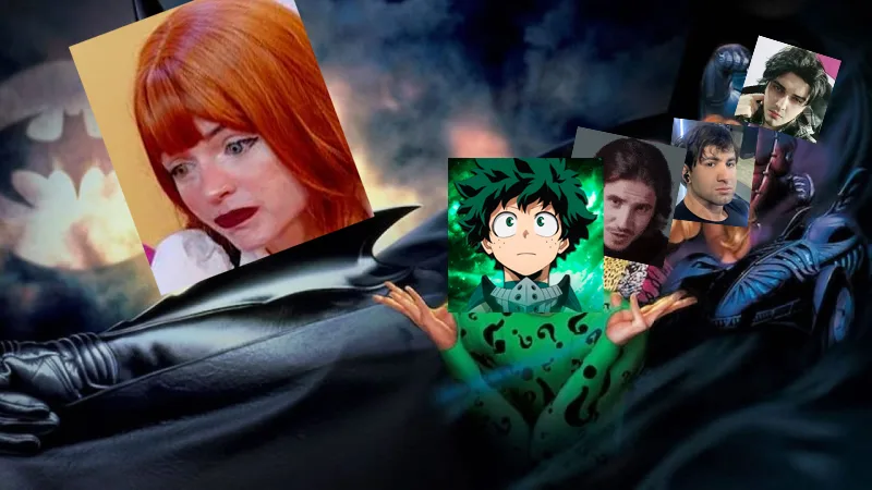 A imagem é uma edição de um pôster do filme Batman Eternamente com os rostos dos personagens editados mostrando alguns youtubers/influencers. Da esquerda para direita estão: Raluca, Diggo, Yanni, Jean L e Tio Gin