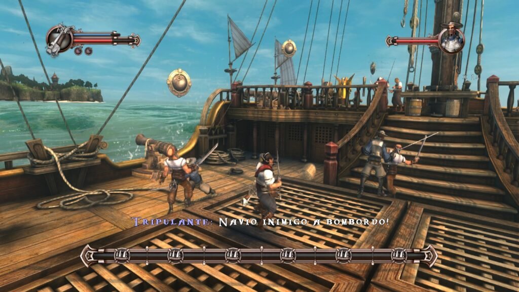 Imagem mostrando uma das batalhas navais de Captain Blood. O personagem se encontra no meio do convés enquanto soldados inimigos abordam o navio