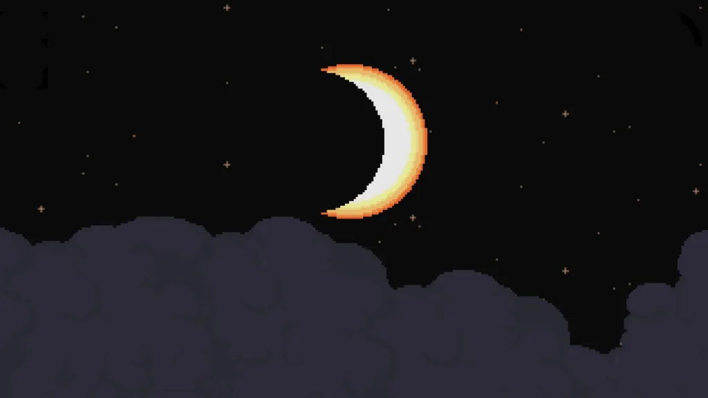 Cena pós-crédito do final Mutável do jogo Virgo Versus the Zodiac mostrando um eclipse lunar feito em pixel-art