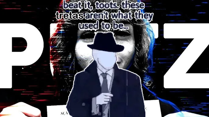 Edição com a thumbnail do vídeo Putz Raluca 4 com o desenho de um investigador policial com roupas antigas falando "beat it, toots, these tretas aren't what they used to be..."