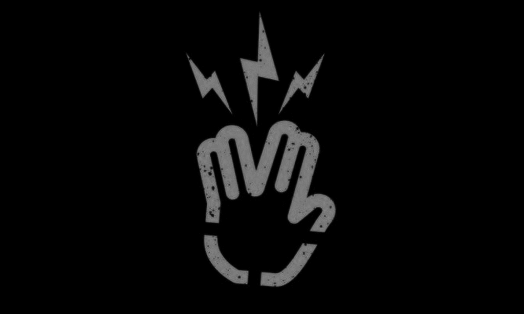 Logo do Nerdbunker com o símbolo de uma mão fazendo o gesto do Spock de Stark Trek com três raios saindo da ponta dos dedos. A imagem foi editada para ficar em preto e branco