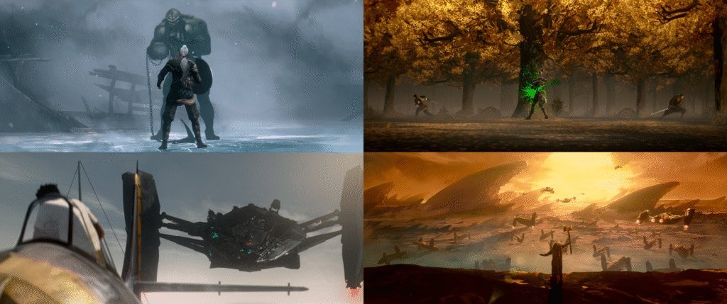 Quatro cenas de cada um dos segmentos do filme Predador: Assassino de Assassinos
