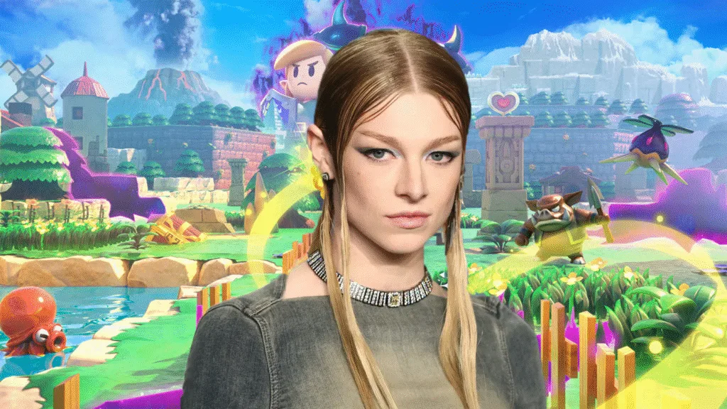 Foto da atriz trans Hunter Schafer sobreposta na capa do  jogo The Legend of Zelda: Echos of Wisdom