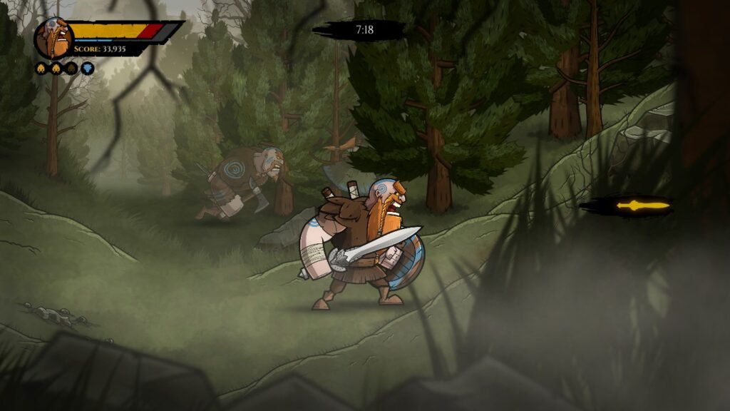 Caradoc andando pela floresta. Ao fundo podemos ver seu irmão Brennus e sua irmã Guinevere entre as árvores